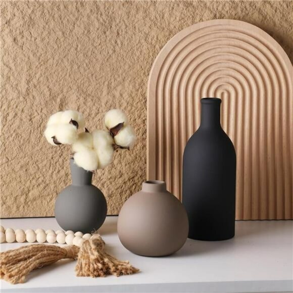 Ceramic Vase Set of 3 Rustic Farmhouse Home Decor for Flowers or Pampas Grass - Picture 6 of 7